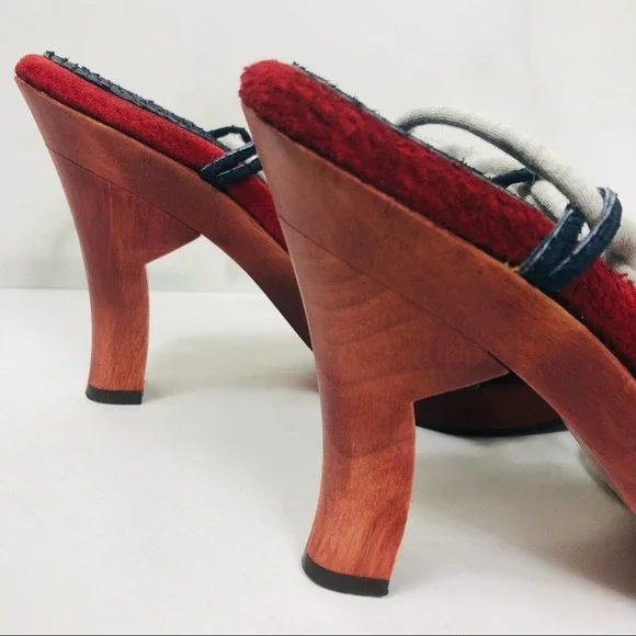 Suede Wood Clog Lace up Heels Vintage Custom Red Blue 70S DISCO
